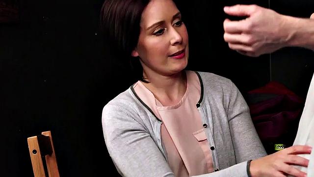 CFNM femdom MILF wanks guy cock for cum on stockings