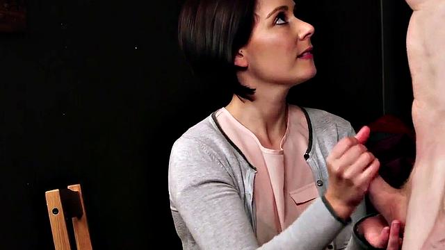 CFNM femdom MILF wanks guy cock for cum on stockings