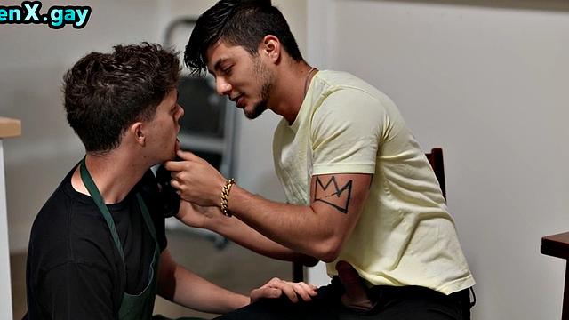 Twink waitress barebacked by client in coffee shop