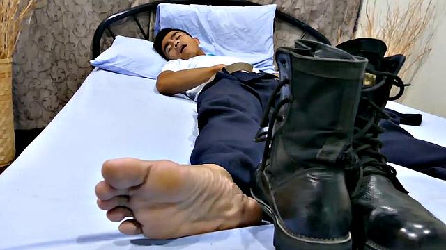 This horny rookie cop is just 22 and fresh out of the academy. His foot fetish has branched off to include a leather boot fetish, and he loves to have a jerk off when he gets home from work.