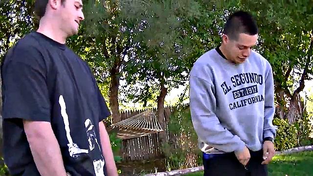 Watch Trisha, the teen with small tits, take on the Three Guys in a wild outdoor blowbang