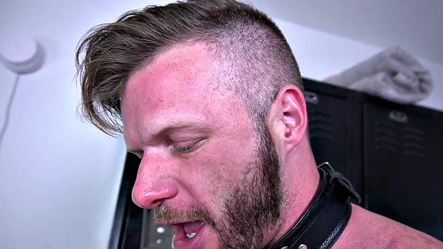 Cum-loving muscled and tattooed hunk barebacked in locker room