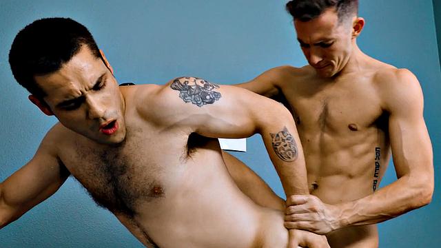 Muscled bottom sucks during sex in college