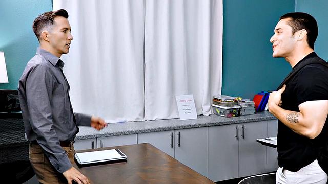 Muscled bottom sucks during sex in college