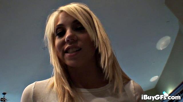 Busty blonde is felt up and her erect nipples licked