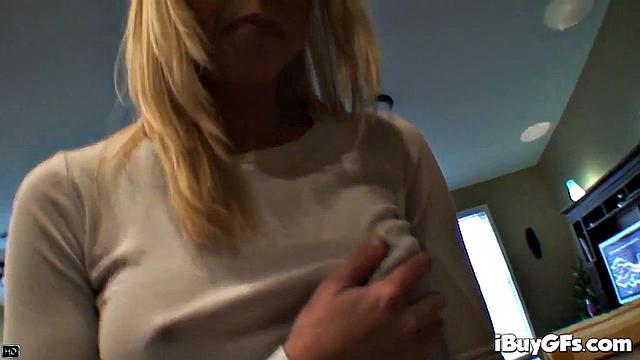 Busty blonde is felt up and her erect nipples licked