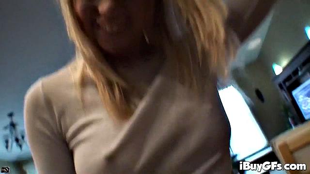 Busty blonde is felt up and her erect nipples licked