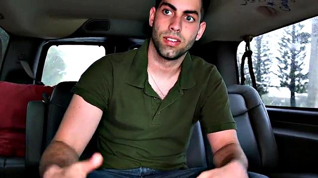 Blindfolded gay sucked by str8 cums on gay stud in public van