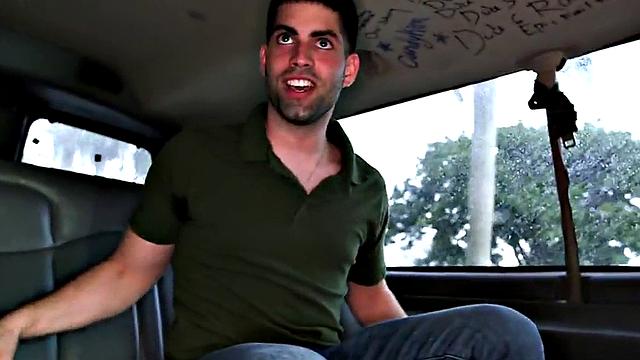Blindfolded gay sucked by str8 cums on gay stud in public van
