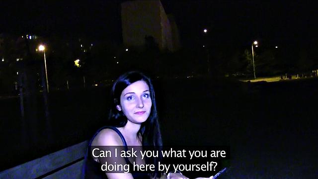 Brunette slut with blue eyes gets fucked hard in public