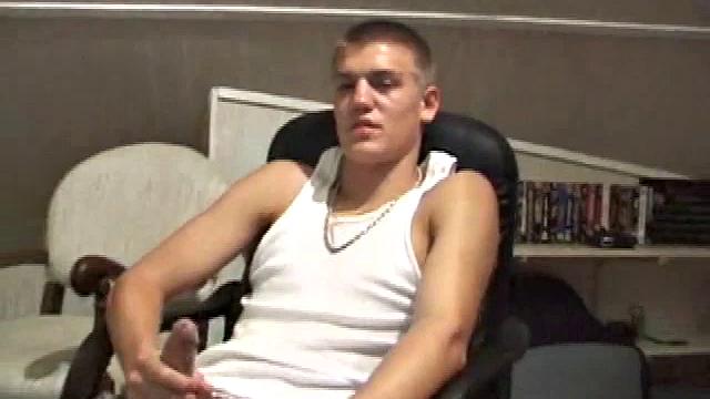 Lance is hot when he looks into the camera and plays with his cock. He asks if we want to suck his dick, before blowing a warm load all over his computer chair and having a taste for the very first time.