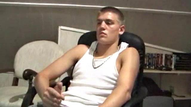 Lance is hot when he looks into the camera and plays with his cock. He asks if we want to suck his dick, before blowing a warm load all over his computer chair and having a taste for the very first time.