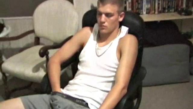 Lance is hot when he looks into the camera and plays with his cock. He asks if we want to suck his dick, before blowing a warm load all over his computer chair and having a taste for the very first time.