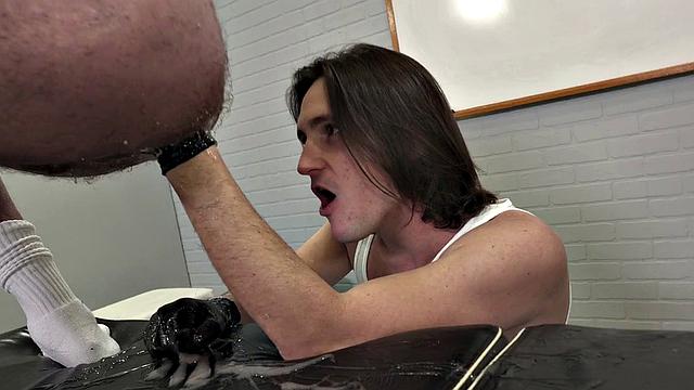 Fisting addict DILF fucked by stud with gloved hands