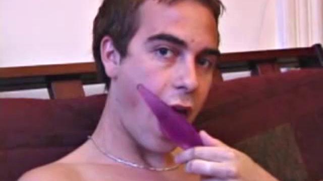 Back from shopping, Vincenzo is anxious to show off his new purchase. He strokes his cock on the sofa, before stripping his clothes off to show us his skater boy bpdy. Vincenzo brings out his new sex toy and begins lubing it up with his mouth.