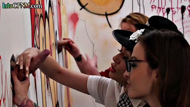 Cosplay CFNM babes wanking cocks