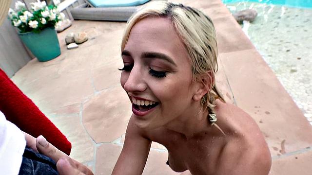Blonde with tattoos gets fucked hard for a bikini in the pool