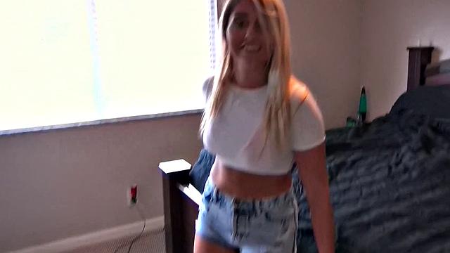 Blonde bombshell with a big ass fucks hard and takes a hot load in her mouth
