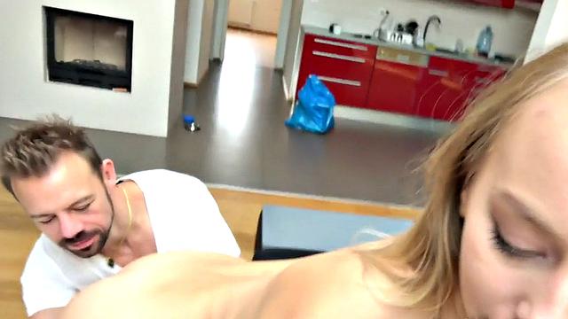 Ballsucking blonde threeway buttfucked for cum in mouth