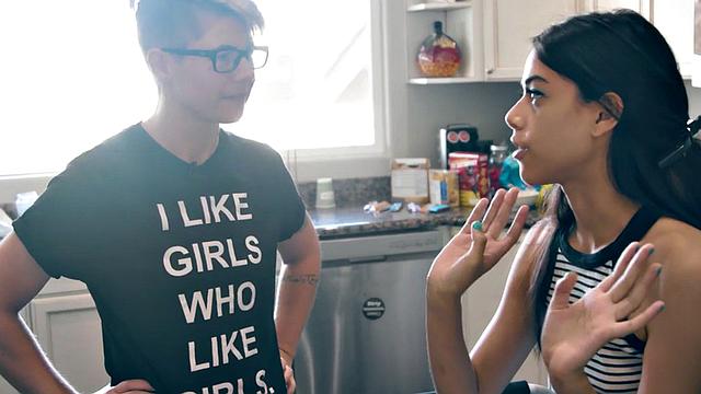 Petite lesbian model licked by gf during photoshoot