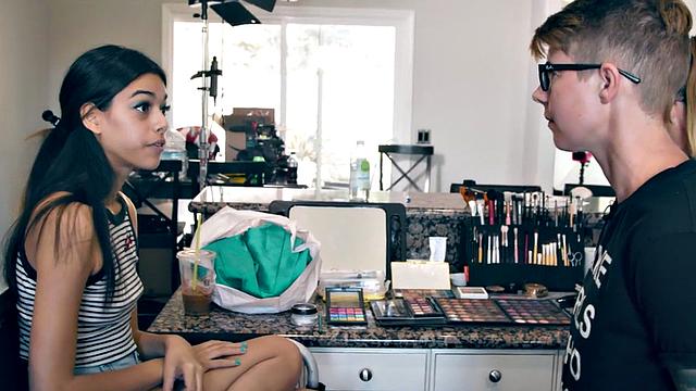 Petite lesbian model licked by gf during photoshoot