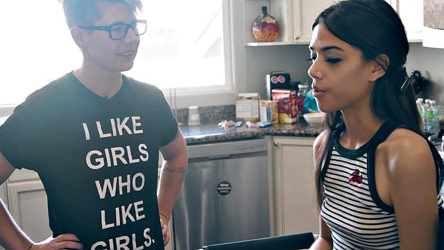 Petite lesbian model licked by gf during photoshoot