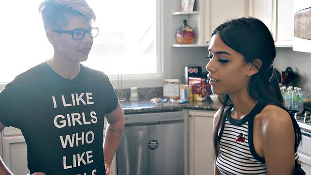 Petite lesbian model licked by gf during photoshoot