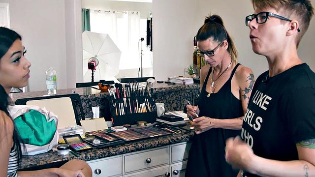 Petite lesbian model licked by gf during photoshoot