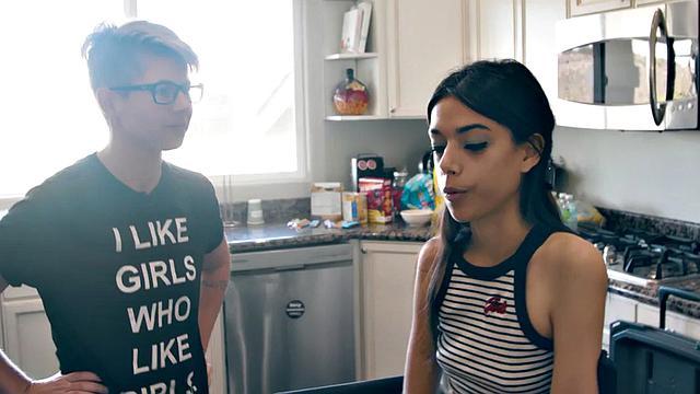 Petite lesbian model licked by gf during photoshoot