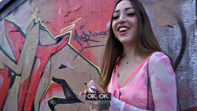 Public Inked babe sucks cock and gets pussynailed outdoors