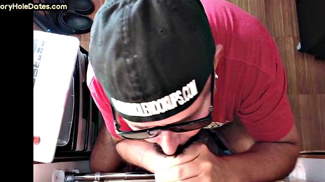 Gloryhole mature gay loves sucking while stroking