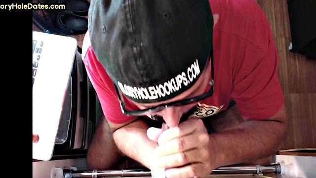 Gloryhole mature gay loves sucking while stroking