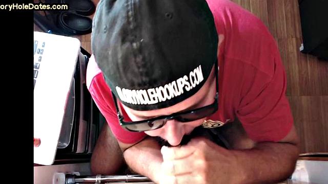 Gloryhole mature gay loves sucking while stroking