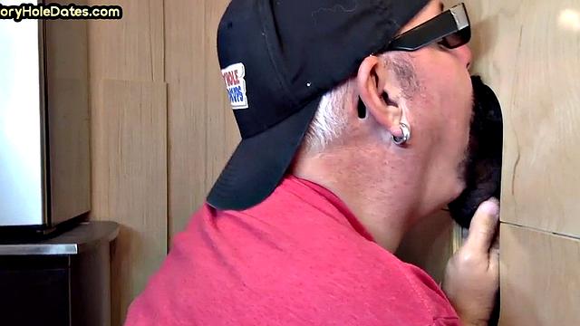 Gloryhole mature gay loves sucking while stroking