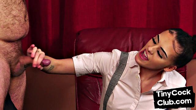 British CFNM domina wanks small cock till cumshot