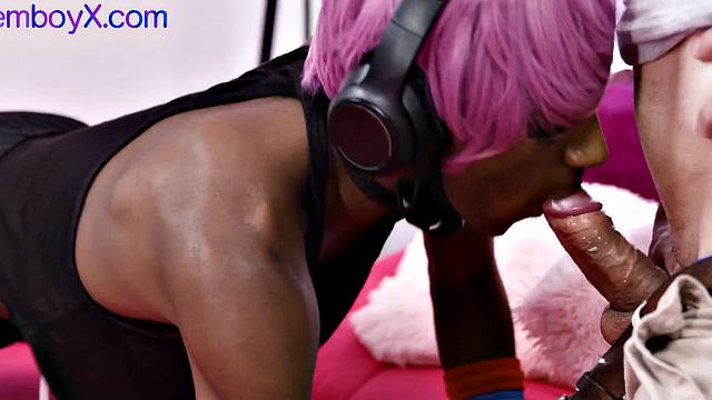 Black masked femboy in fishnet pantyhose fucked in the asshole