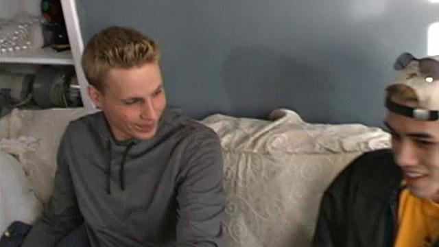 Skinny little Asian twink Derek is back, still sporting the skater boy look, but with long bleached hair. He has hooked up with beefier Daved, which makes for a striking contrast when both get naked.