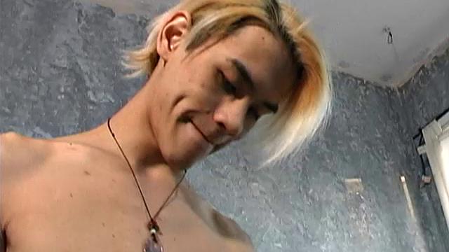 Skinny little Asian twink Derek is back, still sporting the skater boy look, but with long bleached hair. He has hooked up with beefier Daved, which makes for a striking contrast when both get naked.