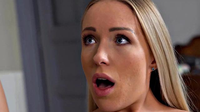 Blonde bombshell gets her tiny pink pussy drenched in cum in POV