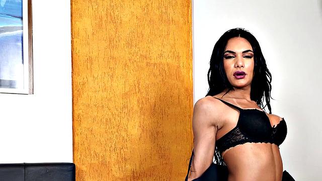 Latina with huge tits tugging on her man's dick after a steamy striptease