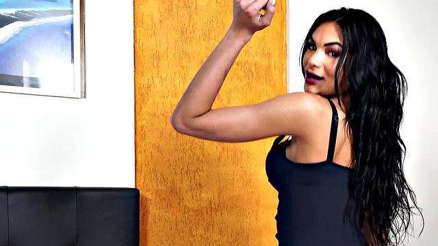 Latina with huge tits tugging on her man's dick after a steamy striptease