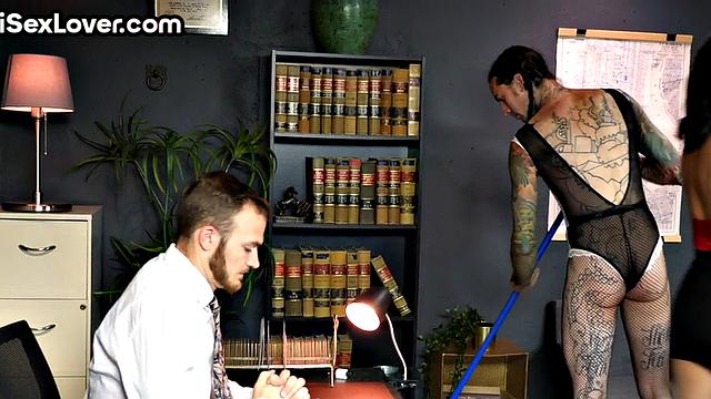 Bisex MILF with big ass facesits crossdresser in office 3some