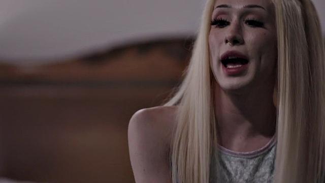 Tattooed skinny TS barebacked by lover till cumshot