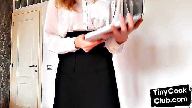 Classy CFNM bae in stockings mocking small cocks