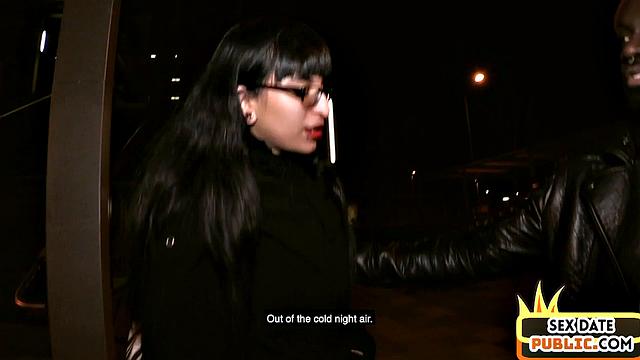 Public babe sucks and rides black cock in car outdoor