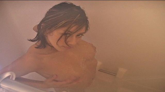 Trixie Teen painted body with medium tits and near pussy. She rubbing her pussy with paint teasing around. She shower showing her naked body POV