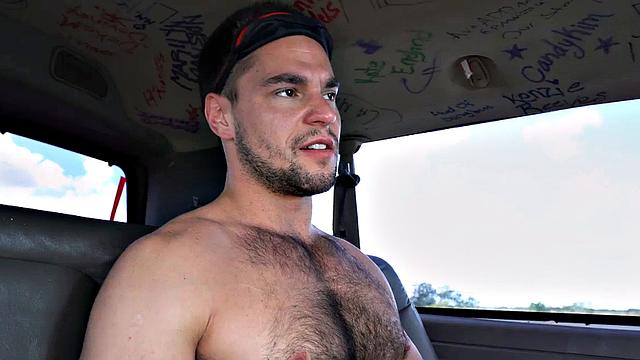 Hairy stud fucks jock in pickup bus til facial