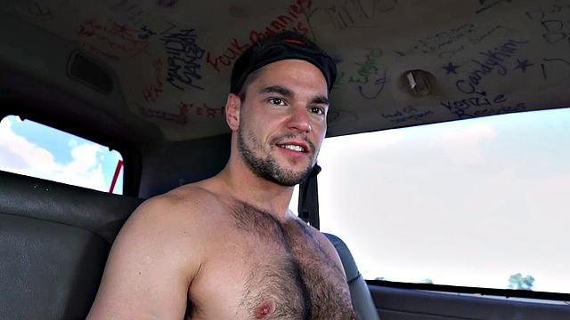 Hairy stud fucks jock in pickup bus til facial