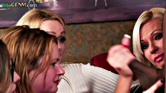 Nasty CFNM babes give blowjob to BBC