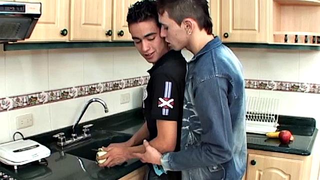 Jesid and Miguel are in the kitchen, realizing it's a room they've never been in. They're soon naked, sucking each other's big uncut dick.